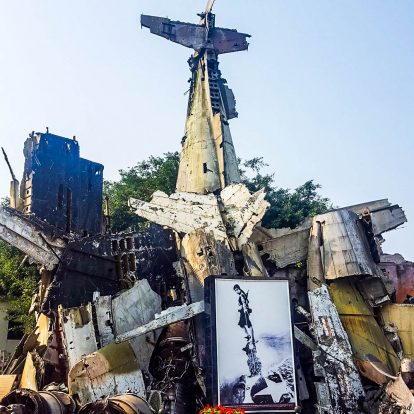 A sculpture made out of American artillery remains