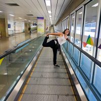 Getting ready for hiking: stretching at the airport!