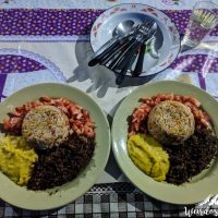 Yummy!! Rice with vegetables, dry shredded meat, banana-ginger kind of polenta and tomatoes!